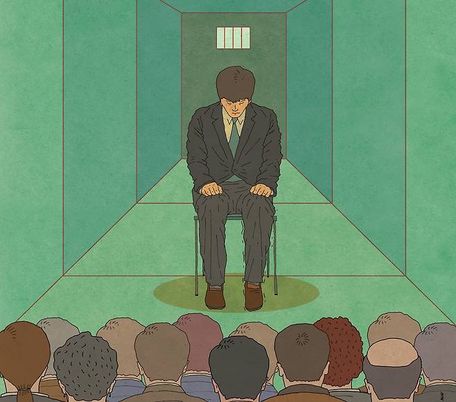 양심적 병역거부자가 진정한 양심을 갖고 있는지 심사받는 모습을 표현한 일러스트 / 일러스트 김상민 기자