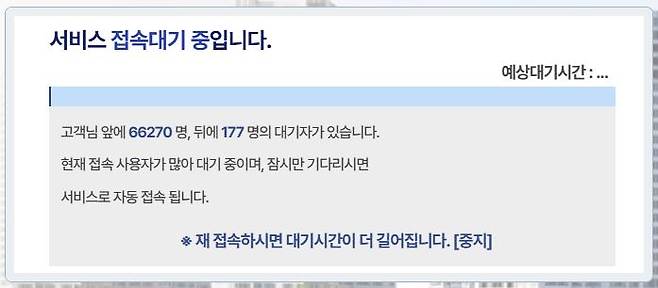 16일 진행한 무순위 청약에 접속자가 몰리면서 LH청약플러스 화면에 접속대기 안내가 뜨고 있다. [LH 제공. 재판매 및 DB 금지]