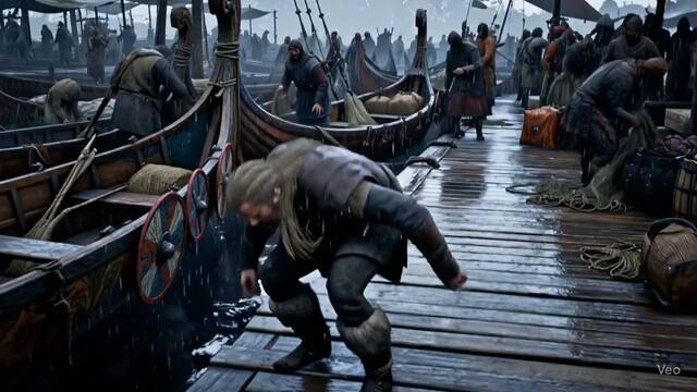 구글 ‘비오(Veo) 3’로 만든 영상 갈무리. “가랑비가 내리는 선착장에 어부와 선원, 상인 등 다양한 사람들 붐비는 가운데, 고대 북유럽 남성이 정박 중인 배 위로 뛰어내리는 영상을 만들어달라”고 지시했다.