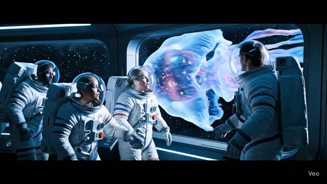 구글 ‘비오(Veo) 3’로 만든 영상 갈무리. “우주선 창밖으로 거대한 해파리 한 마리가 빛을 내면서 지나가자, 무중력 상태로 떠 있던 비행사들이 놀라며 혼란스러워하는 영상을 만들어달라”고 지시했다.