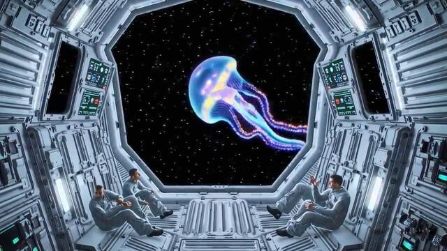 오픈에이아이(AI) ‘소라’로 만든 영상 갈무리. “우주선 창밖으로 거대한 해파리 한 마리가 빛을 내면서 지나가자, 무중력 상태로 떠 있던 비행사들이 놀라며 혼란스러워하는 영상을 만들어달라”고 지시했다.