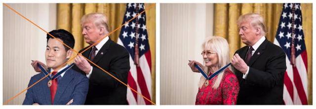 전한길씨가 도널드 트럼프 미국 대통령으로부터 훈장을 받는 장면으로 조작한 합성 사진(왼쪽 사진)과 2018년 11월 트럼프 대통령이 실제로 미국의 한 자선가에게 자유의 메달을 수여하고 있는 원본. AFP통신 팩트체크 보도 캡처