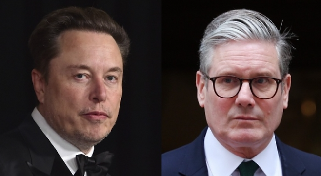 테슬라 경영자 일론 머스크와(왼쪽), 영국 총리 키어 스타머(오른쪽)