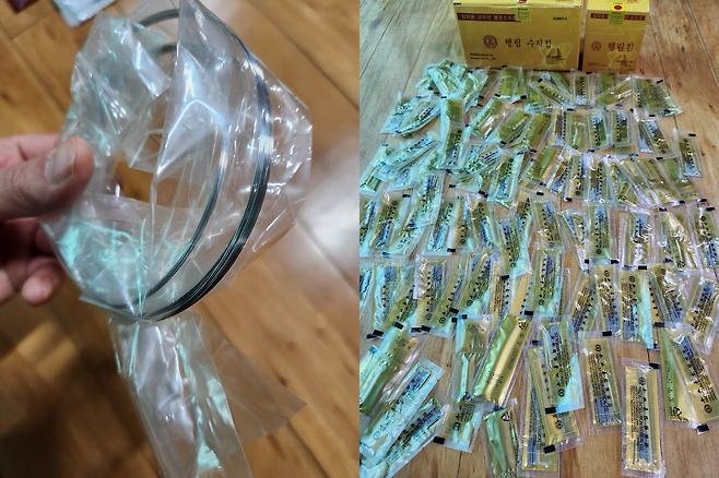 전국을 돌며 무면허 침 시술을 하다가 제주도 자치경찰단에 구속된 70대 남성 피의자가 보관 중이던 길이 48cm 장침(왼쪽)과 일반 침. 제주도 자치경찰단 제공