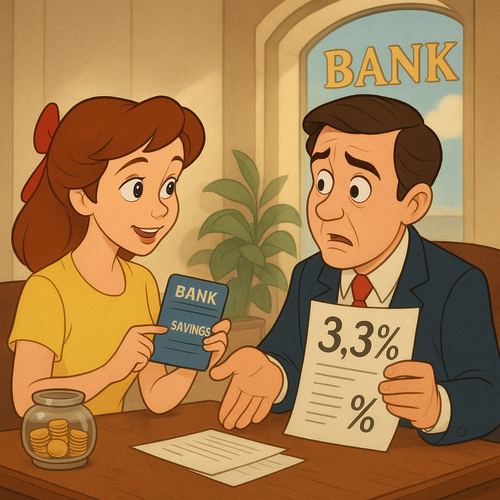 “연 3.3%가 고이율이라고요?” 은행원의 설명에 의아한 표정을 짓는 남성 고객을 주제로 AI가 생성한 이미지 [챗GPT]