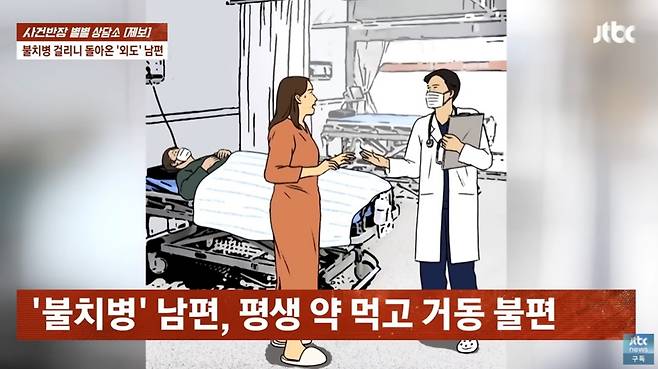 수십년간 외도와 가출을 반복하다 불치병에 걸리자 간병을 요구하는 남편과 이혼하고 싶다는 여성이 조언을 구했다. /사진=JTBC '사건반장' 캡처
