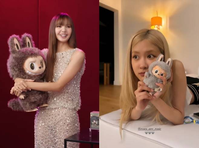 블랙핑크 리사와 로제가 Labubu 팝마트 인형을 들고 있는 모습
