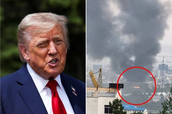 도널드 트럼프 미국 대통령(왼쪽)과 이스라엘 공습에 불길과 검은 연기가 치솟고 있는 이란 테헤란 소재 국영방송국 건물. 출처=AP 연합뉴스·엑스