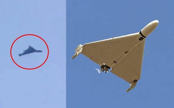 지난 13일(현지시간) 이라크 상공에서 이스라엘로 향하는 이란 드론(왼쪽)이 포착됐다. 이 드론은 샤헤드-136 장거리 자폭 드론으로 추정된다. 엑스 캡처