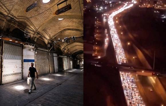 문을 닫은 테헤란 그랜드 바자르의 상점들과 차들로 가득찬 카라즈-찰루스 도로. AFP 연합뉴스