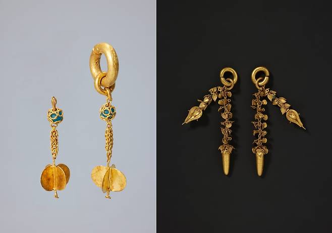 백제의 귀걸이  왼쪽은 공주 왕릉원 2호분 출토 귀걸이, 오른쪽은 무령왕릉 출토 왕비의 장식 귀걸이 [국립부여문화유산연구소 제공. 재판매 및 DB 금지]