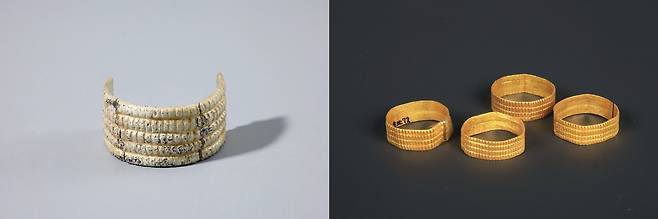 백제와 신라의 반지  왼쪽은 공주 왕릉원 2호분 출토 반지, 오른쪽은 경주 황남대총 북분 출토 반지 [국립부여문화유산연구소 제공. 재판매 및 DB 금지]