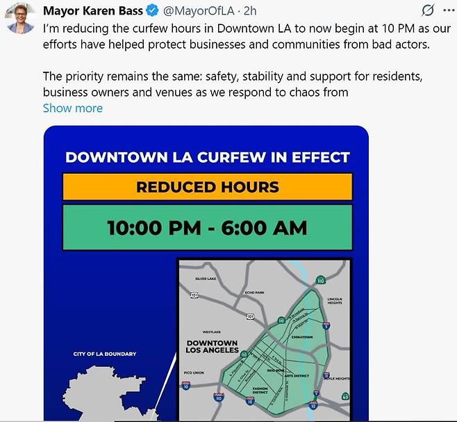 캐런 배스 LA 시장이 엑스에 올린 통금 시간 단축 조치 발표 [X 게시물 캡처. 재판매 및 DB 금지]