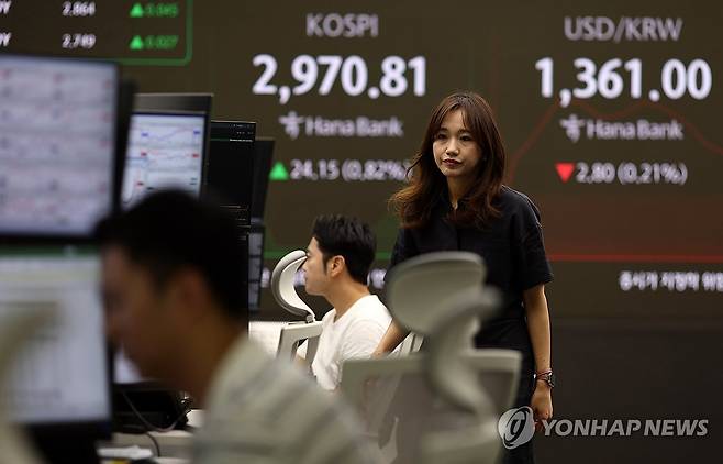 코스피, 장 초반 상승 (서울=연합뉴스) 윤동진 기자 = 코스피가 13.27p(0.45%) 오른 2,959.93에 개장한 17일 서울 하나은행 본점 딜링룸에서 딜러들이 업무를 보고 있다. 2025.6.17 mon@yna.co.kr