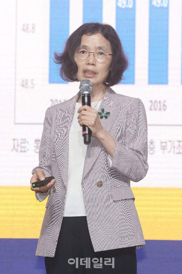 정순둘 제33대 한국노년학회장이 18일 서울 중구 장충동 서울신라호텔에서 열린 ‘제16회 이데일리 전략포럼’에서 ‘정년 연장에 따른 사회적 갈등 해소 방안’ 을 주제로 발표하고 있다.(사진=이데일리 이영훈 기자)