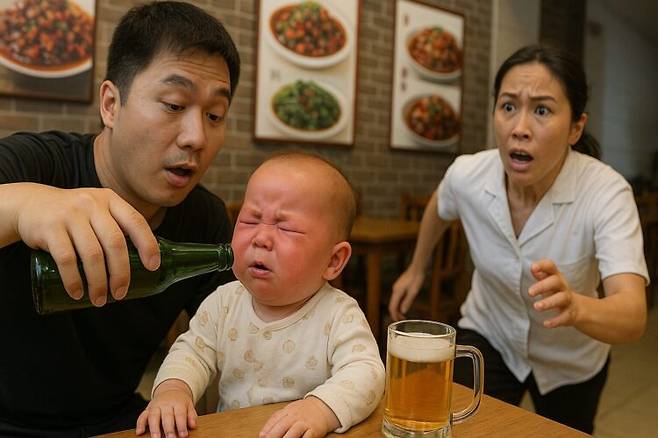 술의 종류나 가격 등에 관계없이 알코올 분해효소가 없는 사람일수록 위험성은 커진다. 영유아는 극소량이라도 두드러기, 구토, 저체온증 등 부작용이 나타난다. 사진=AI 이용해 생성]