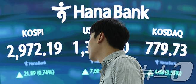 18일 오전 서울 중구 하나은행 본점 딜링룸 전광판에 코스피 지수가 표시되고 있다./뉴스1 ⓒ News1 신웅수 기자