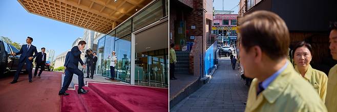 (왼쪽) 지난 5일, 이재명 대통령이 차량에서 내려 휴대전화 통화를 하며 서울 용산 대통령실 청사로 출근하고 있다. (오른쪽) 지난 12일, 이재명 대통령이 서울 용산구 이태원 참사 현장에 조성된 ‘10·29 기억과 안전의 길’을 찾아 현장을 둘러보고 있다./대통령실