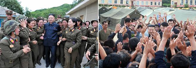 (왼쪽) 김정은 당시 북한 국방위원회 제1위원장이 2012년 8월 24일 여군들에 둘러싸여 인민군 제4302군부대 산하 `감나무 중대'를 시찰하고 있다. (오른쪽) 김정은 북한 국무위원장이 2024년 8월 10일 평안북도, 자강도, 양강도 등에서 수해로 집을 잃은 이들을 평양 데려가 피해복구 기간 지낼 곳을 마련해 주겠다고 밝히자 북한 이재민들이 환호하고 있다. 이재민들이 들어올린 손 너머 삼엄한 경호가 이뤄지고 있다./조선중앙통신 연합뉴스