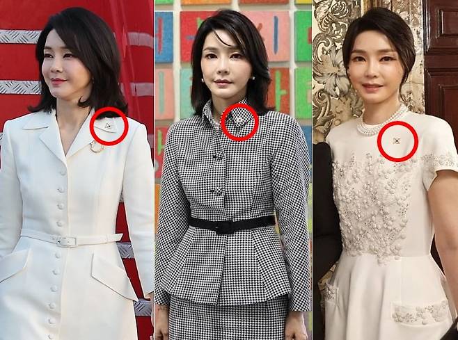 2022년 나토(NATO·북대서양조약기구) 정상회의 참석을 위해 윤석열 전 대통령과 스페인을 찾은 김건희 여사는 같은 모양의 배지를 착용했다. /연합뉴스, 뉴스1