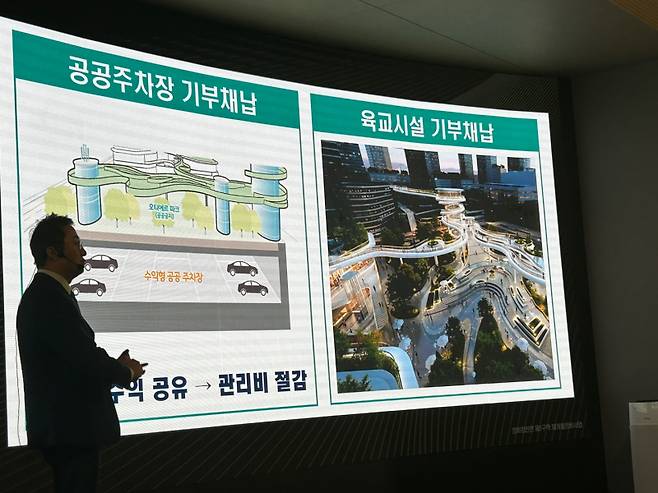 포스코건설 관계자가 용산구에 위치한 홍보관에서 조합원들에게 파격적인 조건을 설명하고 있다. 서지영 기자