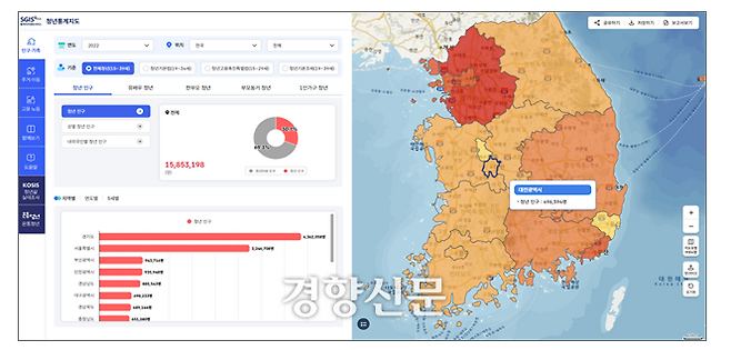 청년통계지도 사용 예시. 통계청 제공