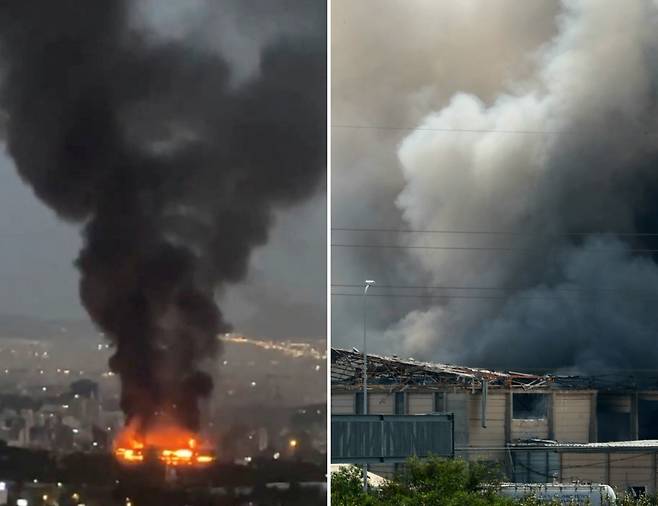 이·이 미사일 난타전…검게 물든 하늘 이스라엘의 공습에 이란이 미사일 공격으로 맞대응하면서 17일(현지시간) 이란 수도 테헤란(왼쪽 사진)과 이스라엘 중부 도시 헤르질리아에서 각각 시커먼 연기가 솟구치고 있다. 로이터·신화연합뉴스
