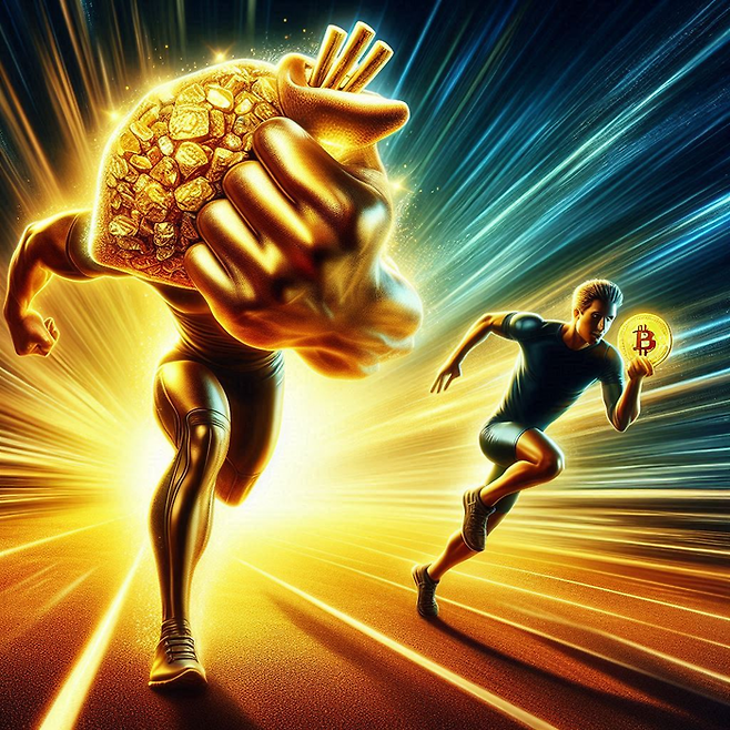 금이 비트코인보다 앞서나가는 상황을 형상화 < 챗GPT 생성 >