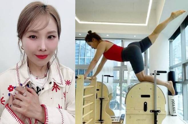 신봉선이 필라테스 기구 위에서 운동을 하고 있다. [사진=신봉선 SNS]