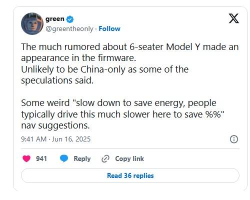 테슬라 모델 Y 주니퍼 6인승 출시 가능성이 한 해커를 통해 밝혀졌다(소셜미디어 X 캡처)