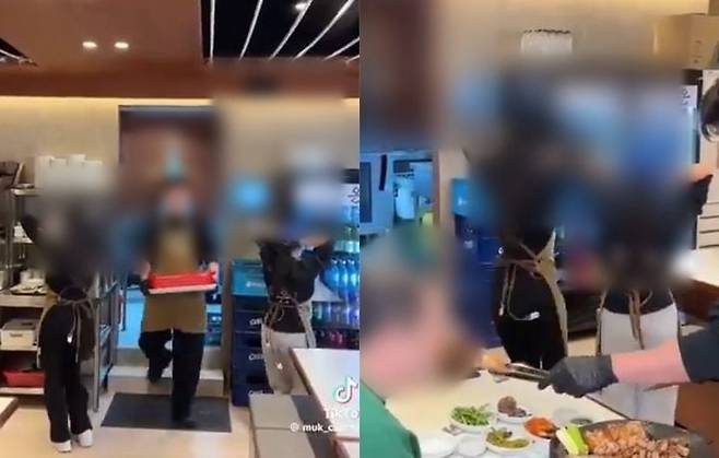 국내 식당 종업원들이 일명 '터미널 댄스'를 추는 모습이 소셜미디어(SNS)를 중심으로 퍼지며 논란이 됐다. /온라인 커뮤니티 캡처