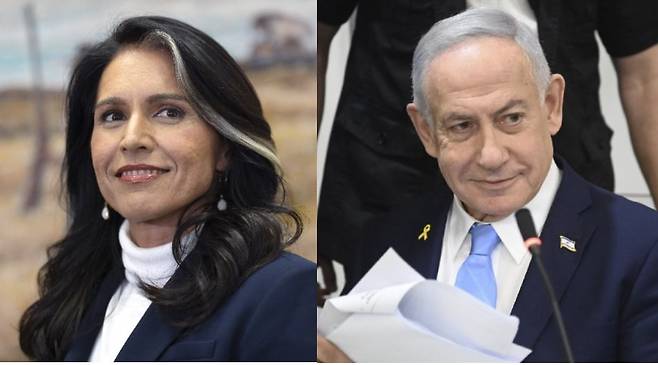 털시 개버드 국가정보국장(왼쪽)과 베냐민 네타냐후 이스라엘 총리(오른쪽). 이란 핵개발 능력에 대한 이들의 상반된 평가를 접한 도널드 트럼프 대통령은 네타냐후의 손을 들어줬다. AP 뉴시스