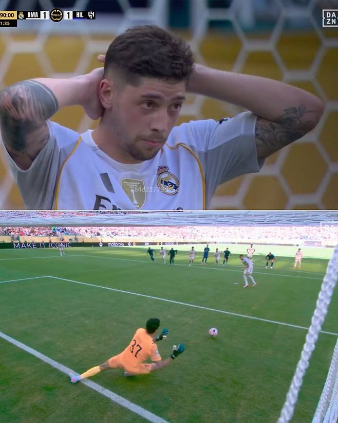 레알 발베르데(오른쪽)가 19일 알힐랄과의 2025 클럽 월드컵 H조 1차전 중 PK 실축한 뒤 머리를 감싸쥐고 있다. 사진=ESPN