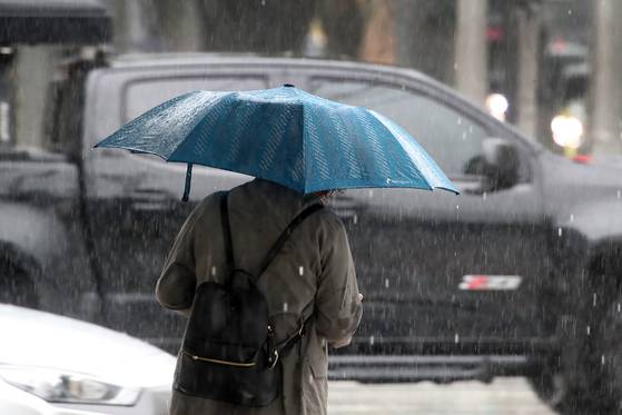 16일 오전 대구 수성구 달구벌대로에 많은 비가 쏟아지자 횡단보도를 건너는 시민들이 우산을 펼쳐 비를 피하고 있다. 뉴스1