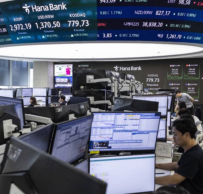 18일 서울 중구 하나은행 딜링룸 전경. 연합뉴스
