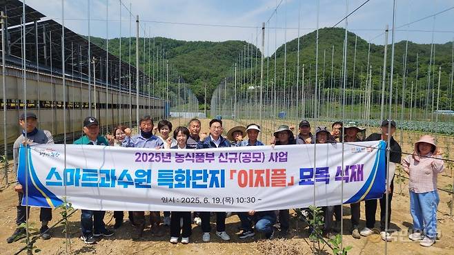 포항시는 19일 스마트과수원 특화단지에서 이지플 사과나무 식재 행사를 가졌다. 포항시 제공