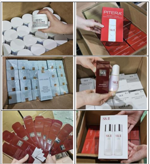용기, 라벨, 포장 등이 매우 정교하게 제작된 SKⅡ, 키엘, 에스티로더 등 해외 유명브랜드의 짝퉁 화장품.