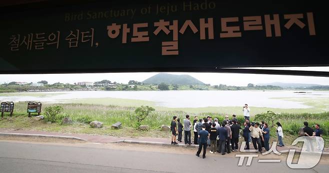 제주 제2공항 건설 환경영향평가협의회 위원들과 환경영향평가 대행업체 관계자들이 19일 오후 제주시 구좌읍 하도리 철새도래지를 현장 방문하고 있다. 2025.6.19/뉴스1 ⓒ News1 오현지 기자