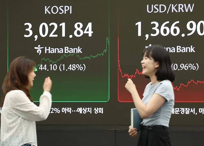 코스피 지수가 3000선을 돌파한 6월 20일 서울 중구 하나은행 딜링룸에서 딜러들이 대화하고 있다. / 연합뉴스