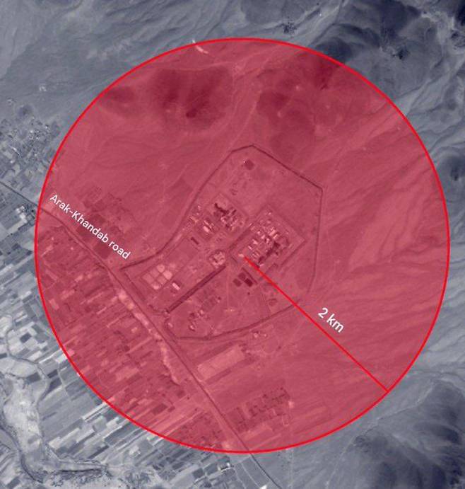 이스라엘군(IDF)이 19일 소셜미디어 X(옛 트위터)에 이란 아라크 중수로 등 원전 지역을 빨간색 원으로 표시하고, 해당 지역에서 대피하라고 알렸다. 출처 이스라엘군 X