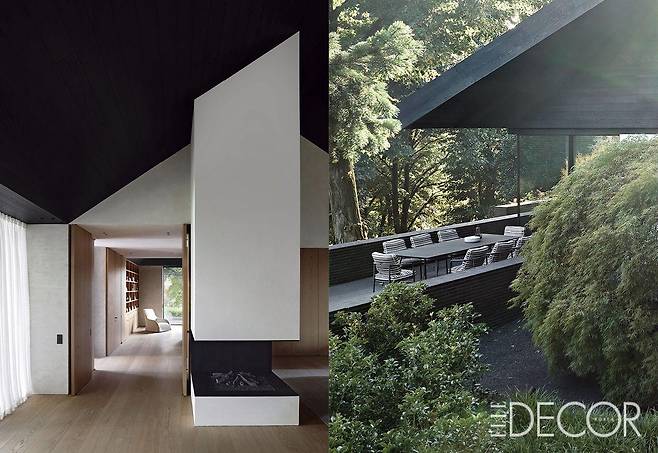 (왼쪽) 공간 구성의 중심이 되는 벽난로. (오른쪽) 피에로 리소니(Piero Lissoni)가 디자인한 보레아(Borea) 테이블과 암체어가 배치돼 있는 야외 식사공간.