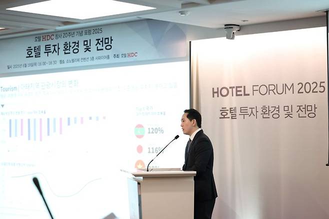 지난 19일 서울 강남구 소노펠리체에서 열린 호텔 HDC 창사 20주년 기념 포럼에서 JLL 코리아 호텔팀 김민준 이사가 글로벌 인사이트 기반의 국내 호텔 투자 분석 결과를 발표하고 있다. 호텔 HDC 제공