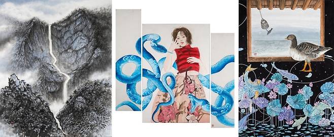 ▲ 광주예고 학생들의 전시작품. 왼쪽부터 김미수, <청운산수> / 유혜진, <청사요연> / 장민지, <방 그리고 창> [ACC]&nbsp;