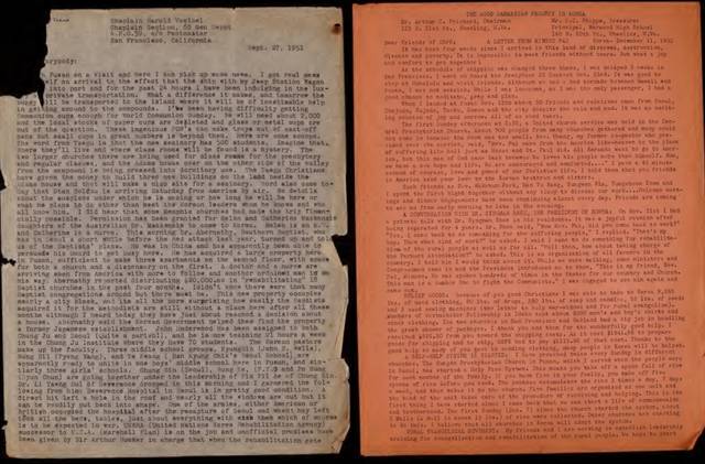 해롤드 보켈 선교사가 1951년 미국 북장로교에 보낸 보고서. 오른쪽 사진은 배민수 목사가 이듬해 귀국해 성미운동에 대해 설명하는 글. 프린스턴신학대 디지털 아카이브 제공