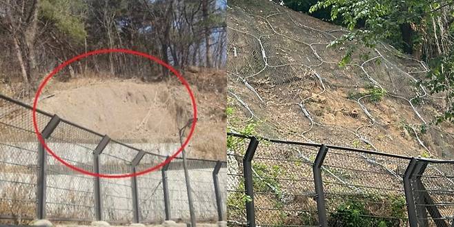 지난해 관악구 신림동 한 중학교 뒷편 토사물이 방치된 모습(왼쪽), 신림지구대 경찰관들의 요청으로 해당 위치에 산사태 방지용 그물망이 설치된 모습(오른쪽). /사진제공=관악경찰서.