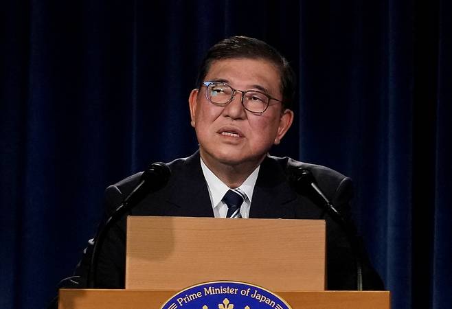 이시바 시게루 일본 총리가 지난 17일(현지시간) 캐나다 캘거리 주요 7개국(G7) 행사에서 발언 중인 모습./로이터=뉴스1