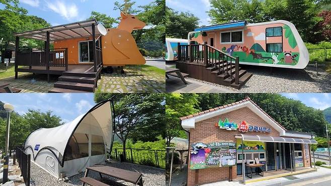 [봉화=뉴시스] 박종대 기자 = 19일 오전 경북 봉화군 명호면 청량산 캠핑장의 다양한 숙박시설들. 수원시가 인구소멸 위험지역인 봉화군과의 상생협력 차원에서 운영할 예정인 이곳은 동물형 카라반(위 왼쪽), 버스형 카라반(위 오른쪽), 글램핑(아래 왼쪽), 관리사무소(아래 오른쪽) 등 가족 단위 이용객을 위한 다채로운 시설을 갖추고 있다. 2025.06.19. pjd@newsis.com *재판매 및 DB 금지