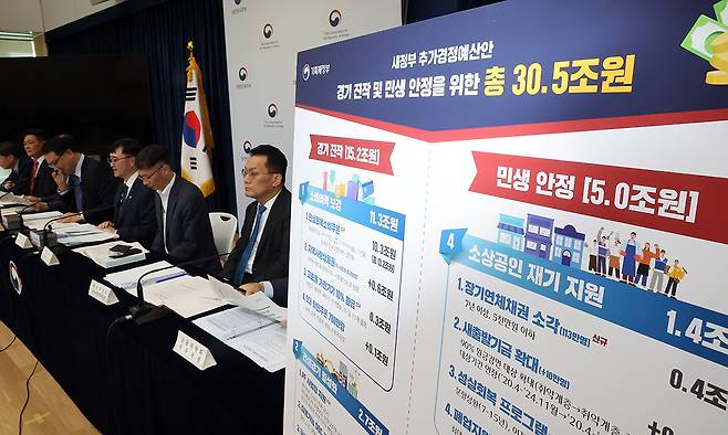 기획재정부 임기근 2차관이 지난 18일 정부세종청사 민원동 공용 브리핑실에서 새 정부 추가경정예산안에 관해 설명하고 있다. 연합뉴스