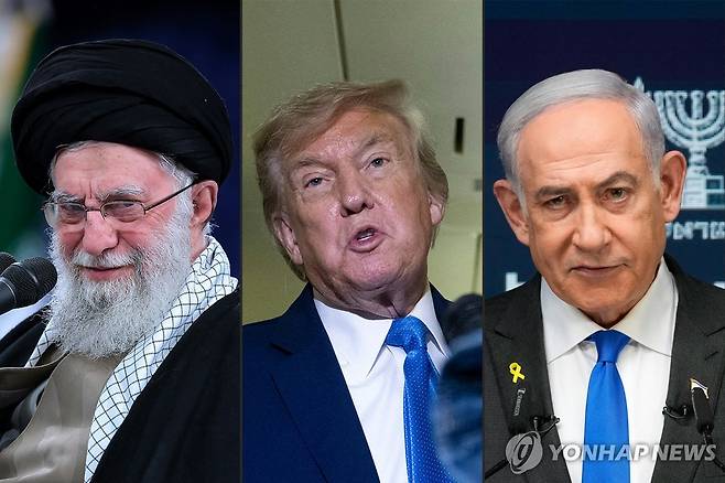 아야톨라 알리 하메네이 이란 최고지도자(왼쪽)와 도널드 트럼프 미 대통령(가운데), 베냐민 네타냐후 이스라엘 총리(오른쪽) [AFP 연합뉴스 자료사진. 재판매 및 DB 금지]