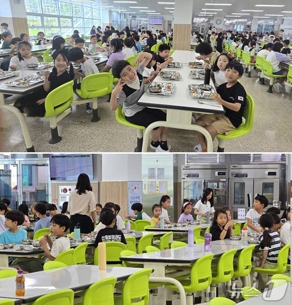 지난 3월 개교한 세종 산울초등 급식실. 밝은 아이들의 표정이 인상적이다. ⓒ 뉴스1 장동열 기자